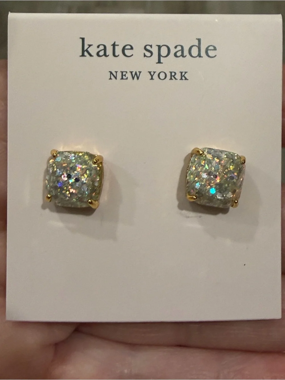 Kate Spade New York Square Glitter Stud Earrings - Opal / Gold (NWT)